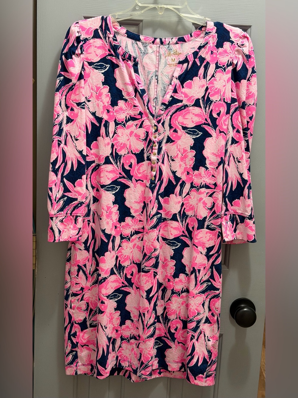 Lilly Pulitzer Marlie Cotton Dress Shirred Shoulders 3/4 Sleeves Flamingos Med.
